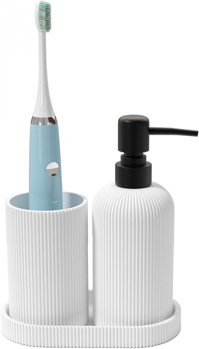 Set elegant pentru baie din 3 piese, cu dozator pentru sapun lichid, pahar clatire sau recipient pentru periute si pasta de dinti, tavita, culoare alba, model in relief, rasina epoxidica [1]