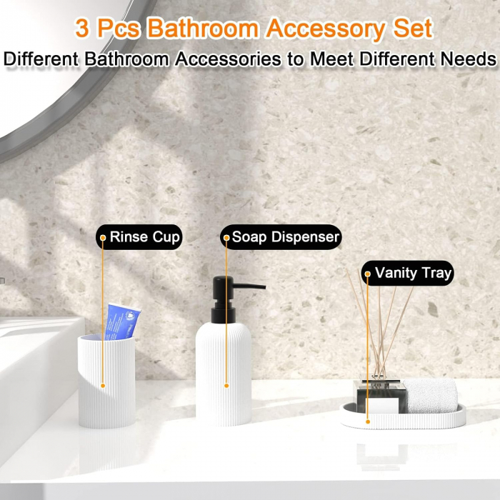 Set elegant pentru baie din 3 piese, cu dozator pentru sapun lichid, pahar clatire sau recipient pentru periute si pasta de dinti, tavita, culoare alba, model in relief, rasina epoxidica [7]