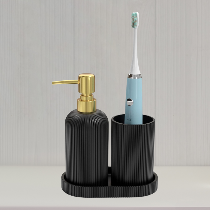 Set elegant pentru baie din 3 piese, cu dozator pentru sapun lichid, pahar clatire sau recipient pentru periute si pasta de dinti, tavita, culoare alba, model in relief, rasina epoxidica [11]