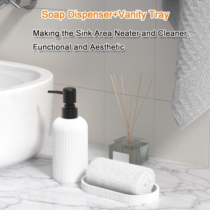 Set elegant pentru baie din 3 piese, cu dozator pentru sapun lichid, pahar clatire sau recipient pentru periute si pasta de dinti, tavita, culoare alba, model in relief, rasina epoxidica [3]