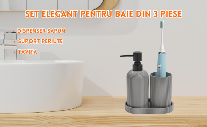 Set elegant pentru baie din 3 piese, cu dozator pentru sapun lichid, pahar clatire sau recipient pentru periute si pasta de dinti, tavita, culoare alba, model in relief, rasina epoxidica [8]