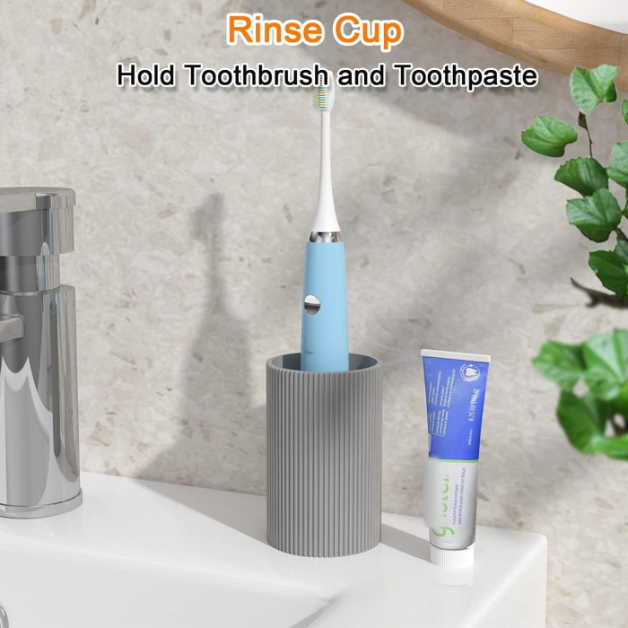Set elegant pentru baie din 3 piese, cu dozator pentru sapun lichid, pahar clatire sau recipient pentru periute si pasta de dinti, tavita, culoare gri, model in relief, rasina epoxidica [6]