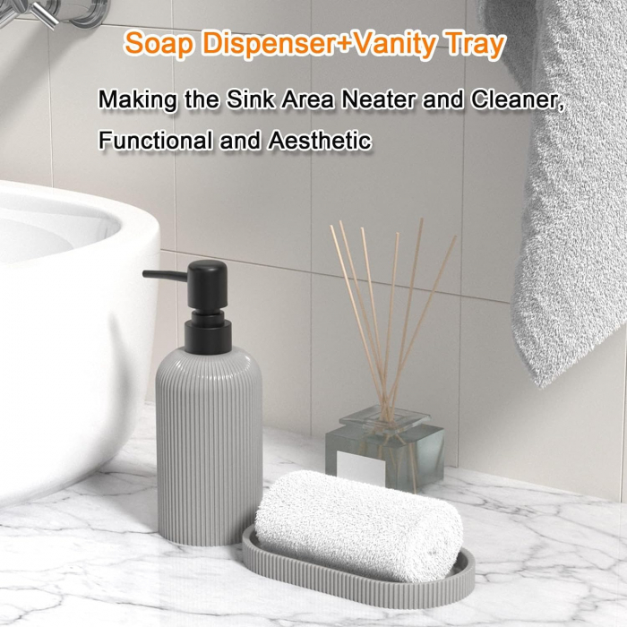 Set elegant pentru baie din 3 piese, cu dozator pentru sapun lichid, pahar clatire sau recipient pentru periute si pasta de dinti, tavita, culoare gri, model in relief, rasina epoxidica [5]