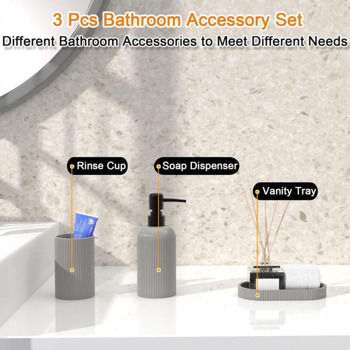 Set elegant pentru baie din 3 piese, cu dozator pentru sapun lichid, pahar clatire sau recipient pentru periute si pasta de dinti, tavita, culoare gri, model in relief, rasina epoxidica [4]