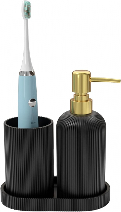 Set elegant pentru baie din 3 piese, cu dozator pentru sapun lichid, pahar clatire sau recipient pentru periute si pasta de dinti, tavita, culoare neagra, model in relief, rasina epoxidica [1]