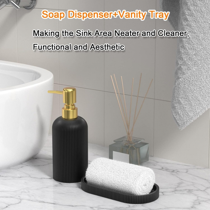Set elegant pentru baie din 3 piese, cu dozator pentru sapun lichid, pahar clatire sau recipient pentru periute si pasta de dinti, tavita, culoare neagra, model in relief, rasina epoxidica [7]