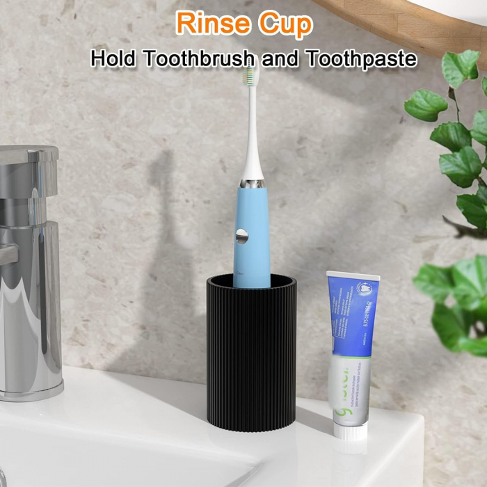 Set elegant pentru baie din 3 piese, cu dozator pentru sapun lichid, pahar clatire sau recipient pentru periute si pasta de dinti, tavita, culoare neagra, model in relief, rasina epoxidica [6]