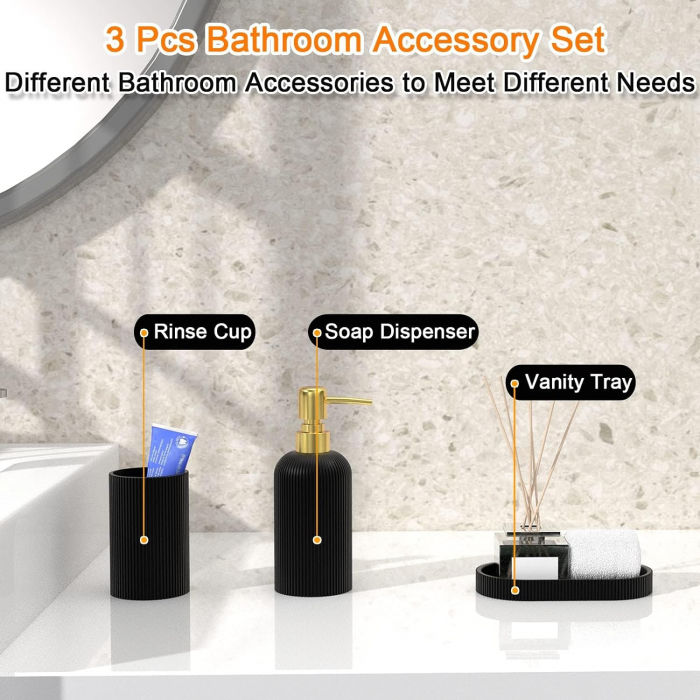 Set elegant pentru baie din 3 piese, cu dozator pentru sapun lichid, pahar clatire sau recipient pentru periute si pasta de dinti, tavita, culoare neagra, model in relief, rasina epoxidica [5]