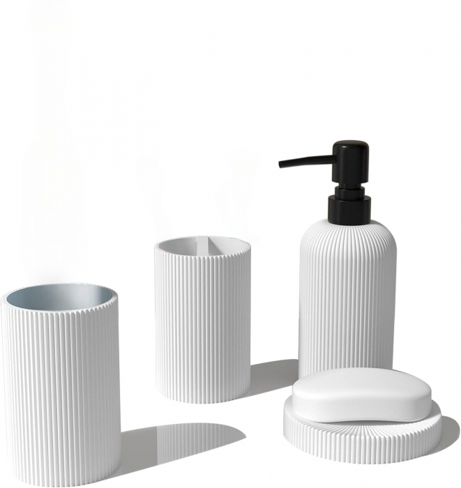 Set elegant pentru baie din 4 piese, cu dozator pentru sapun lichid de 300 ml, pahar, recipient pentru periute sau pasta de dinti, savoniera, culoare alba, model in relief, rasina epoxidica [4]
