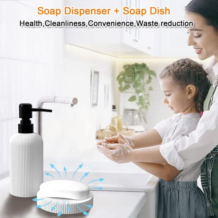 Set elegant pentru baie din 4 piese, cu dozator pentru sapun lichid de 300 ml, pahar, recipient pentru periute sau pasta de dinti, savoniera, culoare alba, model in relief, rasina epoxidica [6]