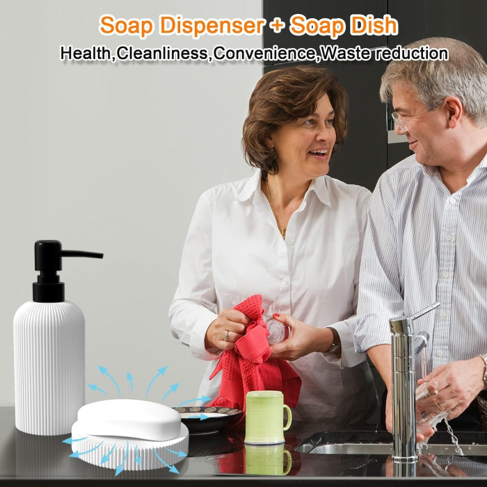 Set elegant pentru baie din 4 piese, cu dozator pentru sapun lichid de 300 ml, pahar, recipient pentru periute sau pasta de dinti, savoniera, culoare alba, model in relief, rasina epoxidica [5]