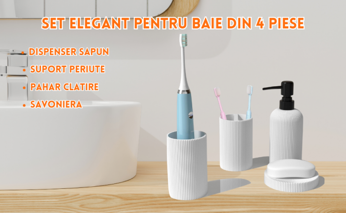 Set elegant pentru baie din 4 piese, cu dozator pentru sapun lichid de 300 ml, pahar, recipient pentru periute sau pasta de dinti, savoniera, culoare alba, model in relief, rasina epoxidica [7]