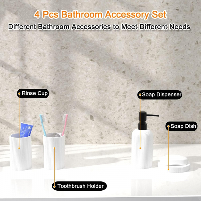 Set elegant pentru baie din 4 piese, cu dozator pentru sapun lichid de 300 ml, pahar, recipient pentru periute sau pasta de dinti, savoniera, culoare alba, model in relief, rasina epoxidica [10]