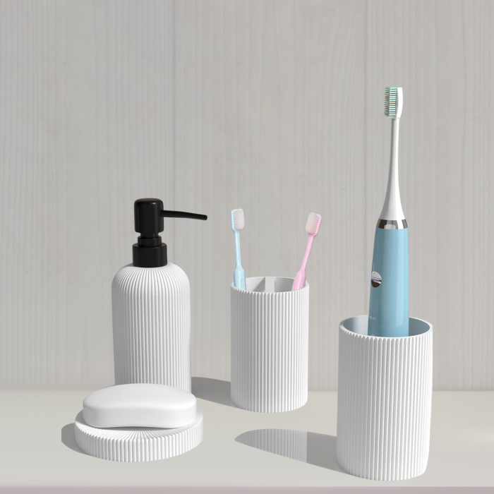 Set elegant pentru baie din 4 piese, cu dozator pentru sapun lichid de 300 ml, pahar, recipient pentru periute sau pasta de dinti, savoniera, culoare alba, model in relief, rasina epoxidica [8]
