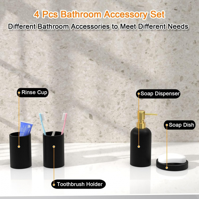 Set elegant pentru baie din 4 piese, cu dozator pentru sapun lichid de 300 ml, pahar, recipient pentru periute sau pasta de dinti, savoniera, culoare neagra, model in relief, rasina epoxidica [5]