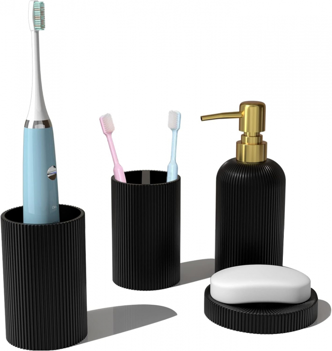 Set elegant pentru baie din 4 piese, cu dozator pentru sapun lichid de 300 ml, pahar, recipient pentru periute sau pasta de dinti, savoniera, culoare neagra, model in relief, rasina epoxidica [6]