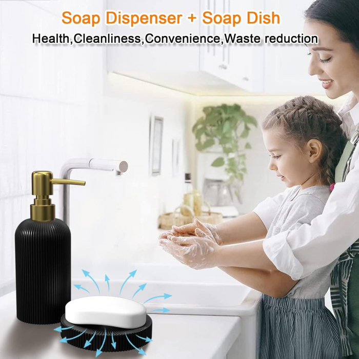 Set elegant pentru baie din 4 piese, cu dozator pentru sapun lichid de 300 ml, pahar, recipient pentru periute sau pasta de dinti, savoniera, culoare neagra, model in relief, rasina epoxidica [8]