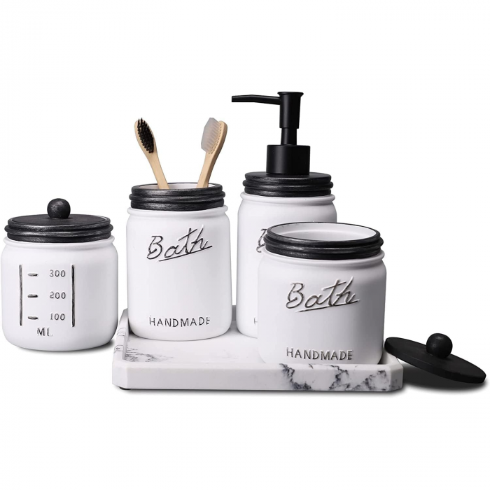 Set elegant pentru baie din 5 piese, cu dozator pentru sapun lichid, recipient periuta si pasta de dinti, 2 borcane vata, betisoare de ureche, tava, cu aspect rustic/vintage, culoare alb cu negru [1]