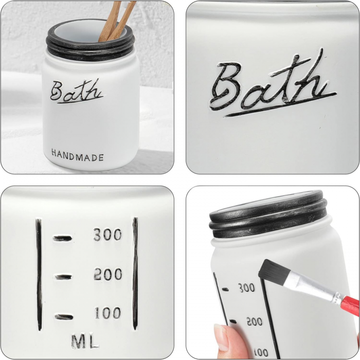 Set elegant pentru baie din 5 piese, cu dozator pentru sapun lichid, recipient periuta si pasta de dinti, 2 borcane vata, betisoare de ureche, tava, cu aspect rustic/vintage, culoare alb cu negru [4]