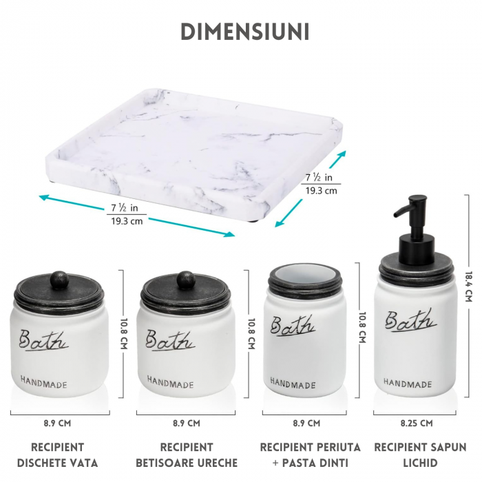 Set elegant pentru baie din 5 piese, cu dozator pentru sapun lichid, recipient periuta si pasta de dinti, 2 borcane vata, betisoare de ureche, tava, cu aspect rustic/vintage, culoare alb cu negru [7]