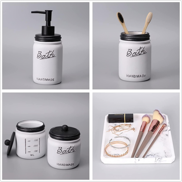 Set elegant pentru baie din 5 piese, cu dozator pentru sapun lichid, recipient periuta si pasta de dinti, 2 borcane vata, betisoare de ureche, tava, cu aspect rustic/vintage, culoare alb cu negru [3]