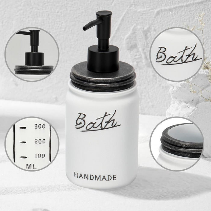 Set elegant pentru baie din 5 piese, cu dozator pentru sapun lichid, recipient periuta si pasta de dinti, 2 borcane vata, betisoare de ureche, tava, cu aspect rustic/vintage, culoare alb cu negru [5]
