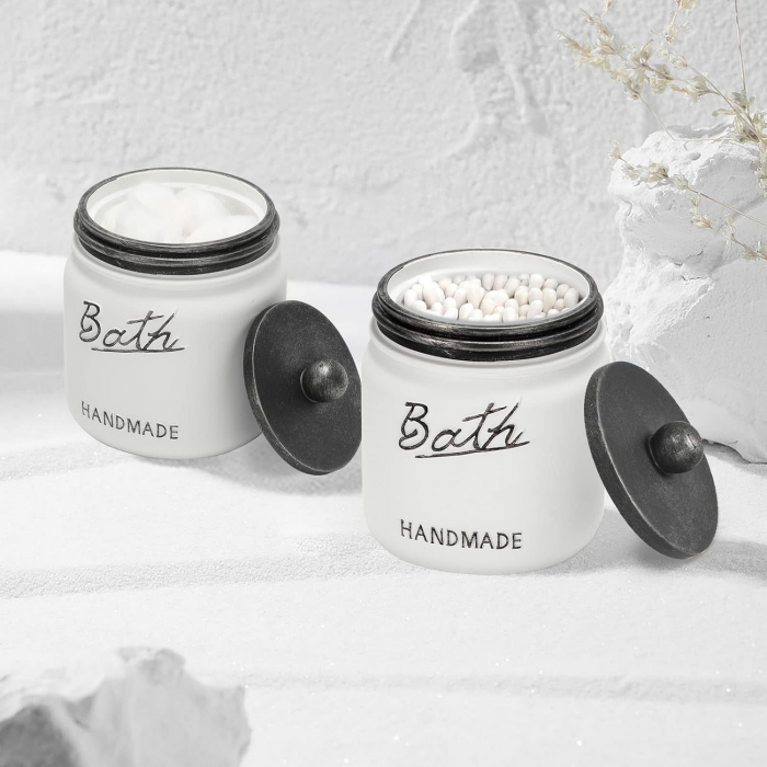 Set elegant pentru baie din 5 piese, cu dozator pentru sapun lichid, recipient periuta si pasta de dinti, 2 borcane vata, betisoare de ureche, tava, cu aspect rustic/vintage, culoare alb cu negru [2]