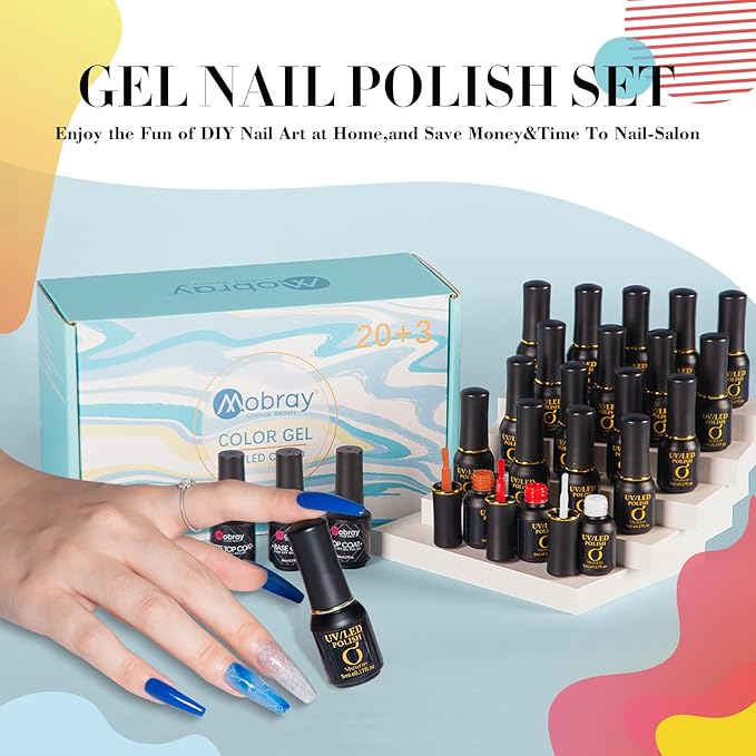 Set Lac de Unghii Gel, 23 Piese - Kit pentru Manichiura cu Culori Rosu, Albastru si Portocaliu, Gel Soak Off pentru Iarna, Base Coat, Glossy si Matte Top Coat [5]