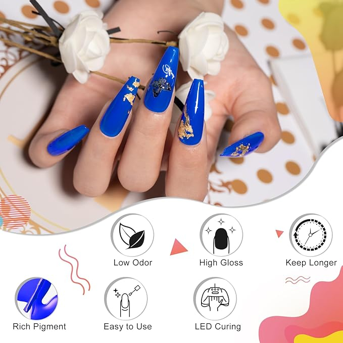 Set Lac de Unghii Gel, 23 Piese - Kit pentru Manichiura cu Culori Rosu, Albastru si Portocaliu, Gel Soak Off pentru Iarna, Base Coat, Glossy si Matte Top Coat [3]