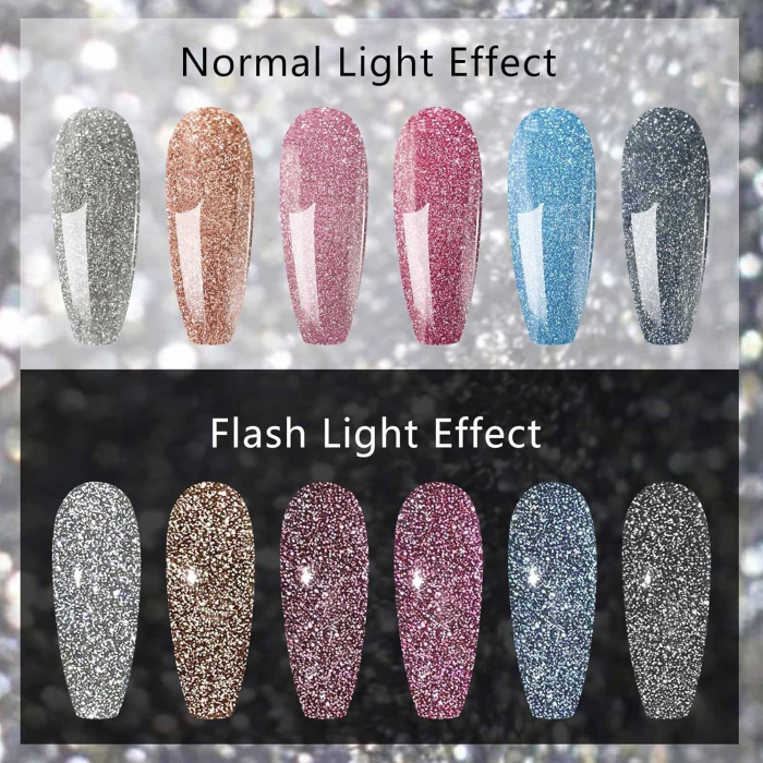Set Oja Gel UV cu Sclipici, Reflectorizanta, pentru Unghii - 6 Culori, Kit Complet pentru Manichiura Acasa, Metalic [6]