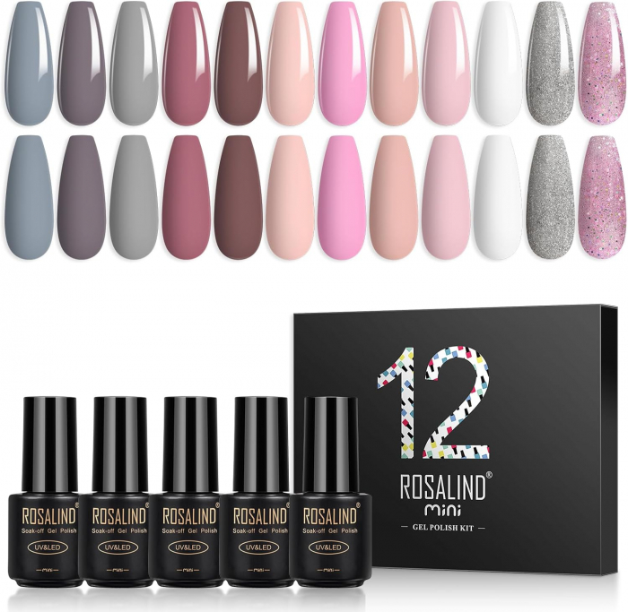 Set Oja Gel UV pentru Unghii - 12 Culori, Kit Complet pentru Manichiura Acasa, Roz/Gri [1]