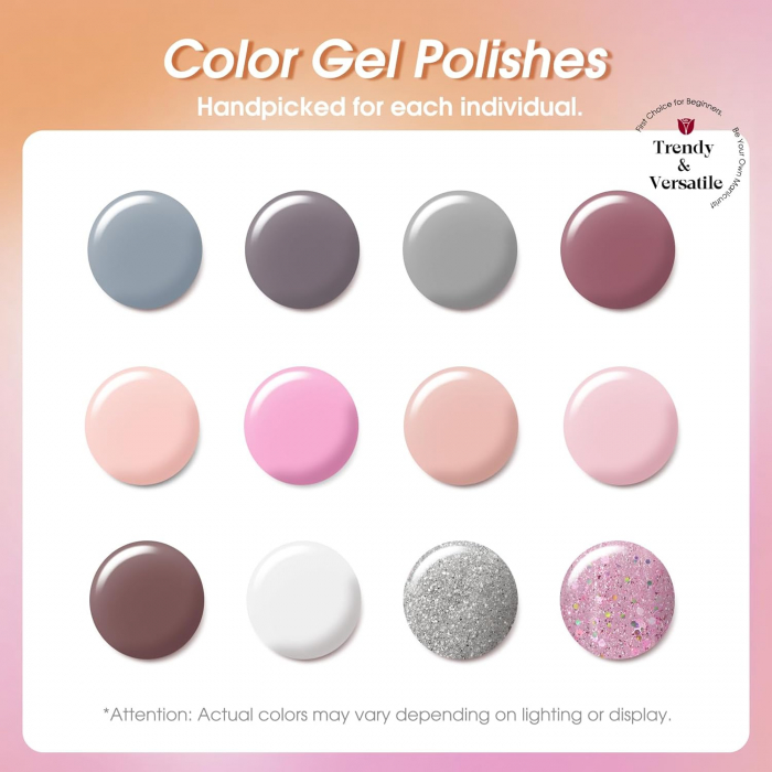 Set Oja Gel UV pentru Unghii - 12 Culori, Kit Complet pentru Manichiura Acasa, Roz/Gri [6]