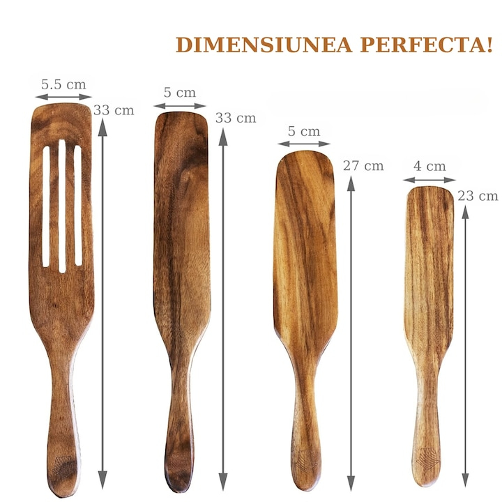 Set ustensile de bucatarie din lemn, 4 spatule din lemn de tec pentru gatit, termorezistente si antiaderente Maron cires 33 cm [3]