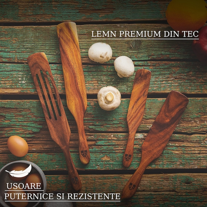 Set ustensile de bucatarie din lemn, 4 spatule din lemn de tec pentru gatit, termorezistente si antiaderente Maron cires 33 cm [8]