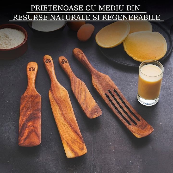 Set ustensile de bucatarie din lemn, 4 spatule din lemn de tec pentru gatit, termorezistente si antiaderente Maron cires 33 cm [5]