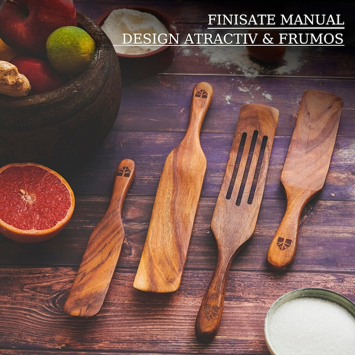 Set ustensile de bucatarie din lemn, 4 spatule din lemn de tec pentru gatit, termorezistente si antiaderente Maron cires 33 cm [7]