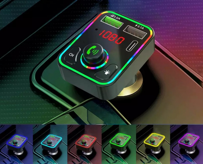 Modulator auto bluetooth FM/AM cu lumina rgb, incarcator auto, car kit, usb type C [3]