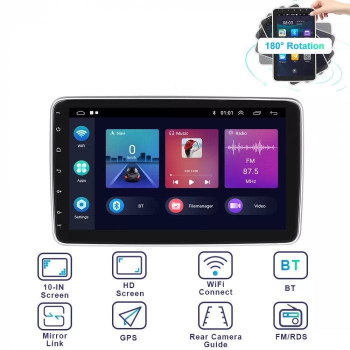 Navigatie auto 1DIN, ecran rotativ 10.1 inch, Android 11, 2GB RAM 32GB, navigatie universala 1din [6]