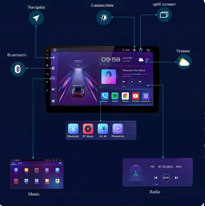 Navigatie universala, 4GB RAM 64GB, android 12, 2din, 4G, carplay, volkswagen, audi, opel, nissan, hyundai, kia, toyota [5]