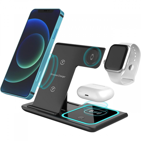 Incarcator wireless 15W 3in1 pentru telefon, ceas si casti, intrare USB Type C [0]