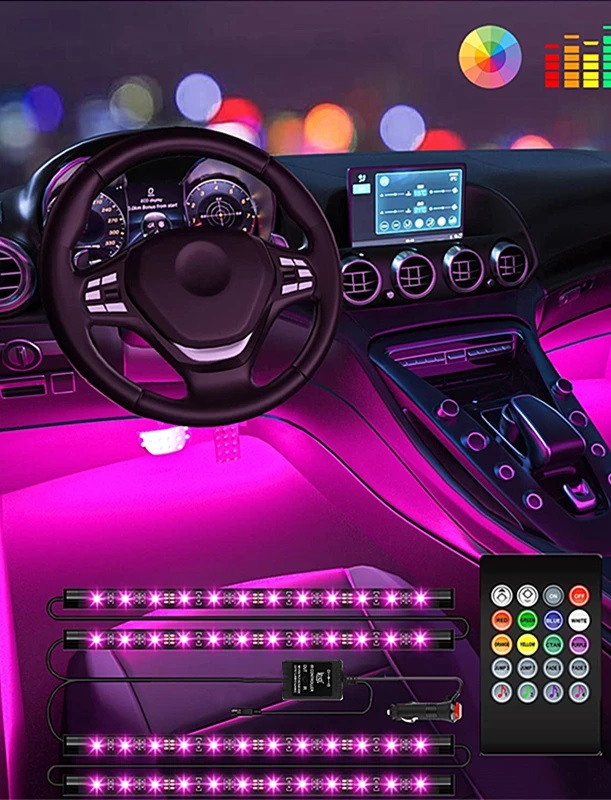 4 Lumini Ambientale interior auto RGB cu Aplicatie Telefon Bluetooth, 12V, 9 LED, 17 cm