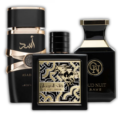 Pachete FEMEI - Pachet 3 parfumuri barbati Best-Seller: Asad 100ml + Qaed al Fursan 90ml + Oud Nuit 100ml