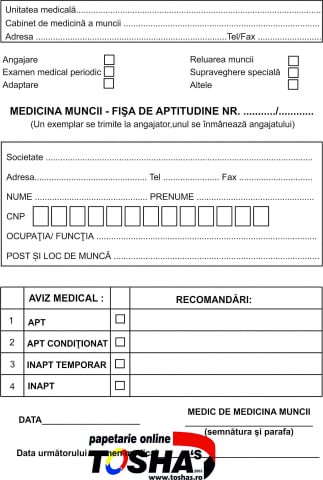 PROTECȚIA MUNCII - FISA APTITUDINE 2 EXEMPLARE