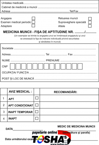 PROTECȚIA MUNCII - FISA APTITUDINE 3 EXEMPLARE