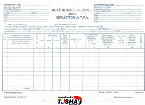 FISCALE - NOTA DE INTRARE RECEPTIE PENTRU NEPLATITOR TVA AUTOCOPIATIV