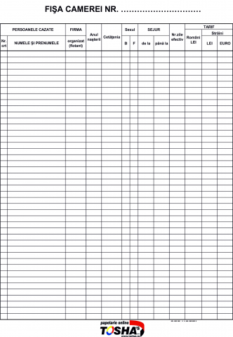 HOTEL ȘI RESTAURANT - REGISTRU FISA CAMEREI
