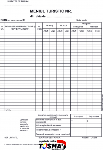 HOTEL ȘI RESTAURANT - REGISTRU MENIU TURISTIC