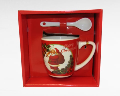 Crăciun - Set Cadou Cană de Crăciun din Ceramică cu Linguriță Asortată