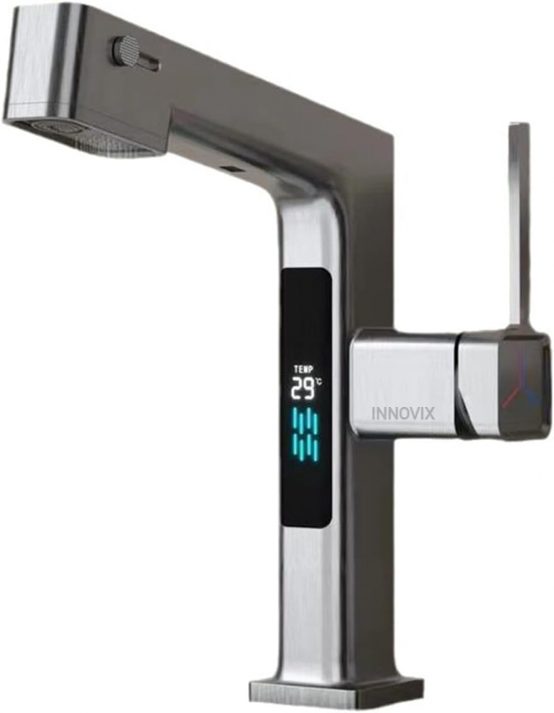Baterie Lavoar INNOVIX cu Display Digital, Furtun Extensibil 60 cm, Rotire 360°, Top Ceramic, Control Temperatura, Gri Mat [1]