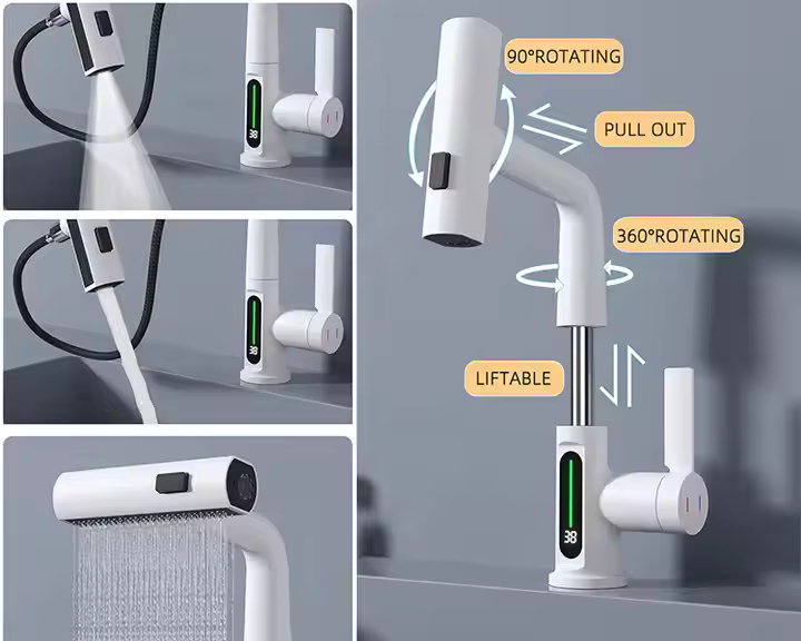 Baterie Lavoar INNOVIX, Dus Extractibil, Top Ceramic, Afisaj Digital al Temperaturii, Alb Mat [6]